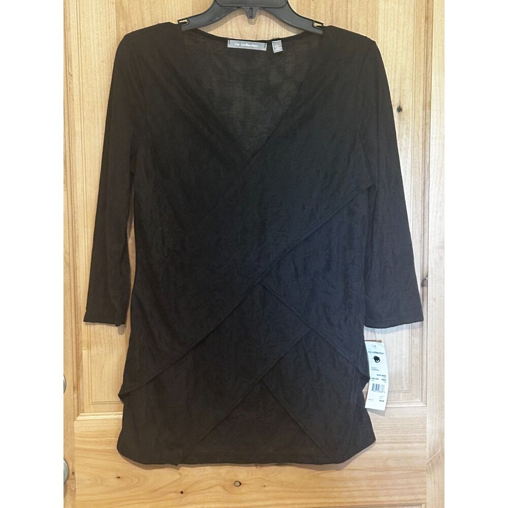 NY Collection Women's 3/4 Sleeve V-Neck Black Lace Top Large NWT